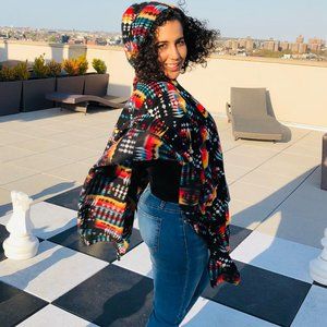 ZooFleece Black Southwestern Aztec Tribal Indian Hooded Women’s Poncho Cape